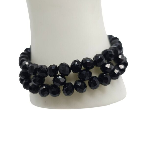Black Glass Beaded Stretch Double Strand Bangle Bracelet Vintage - Picture 3 of 4